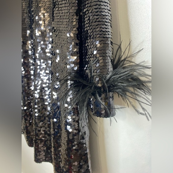 NWOT UNGARO Black Sequin Dress with Feather Cuffs - Picture 4 of 8